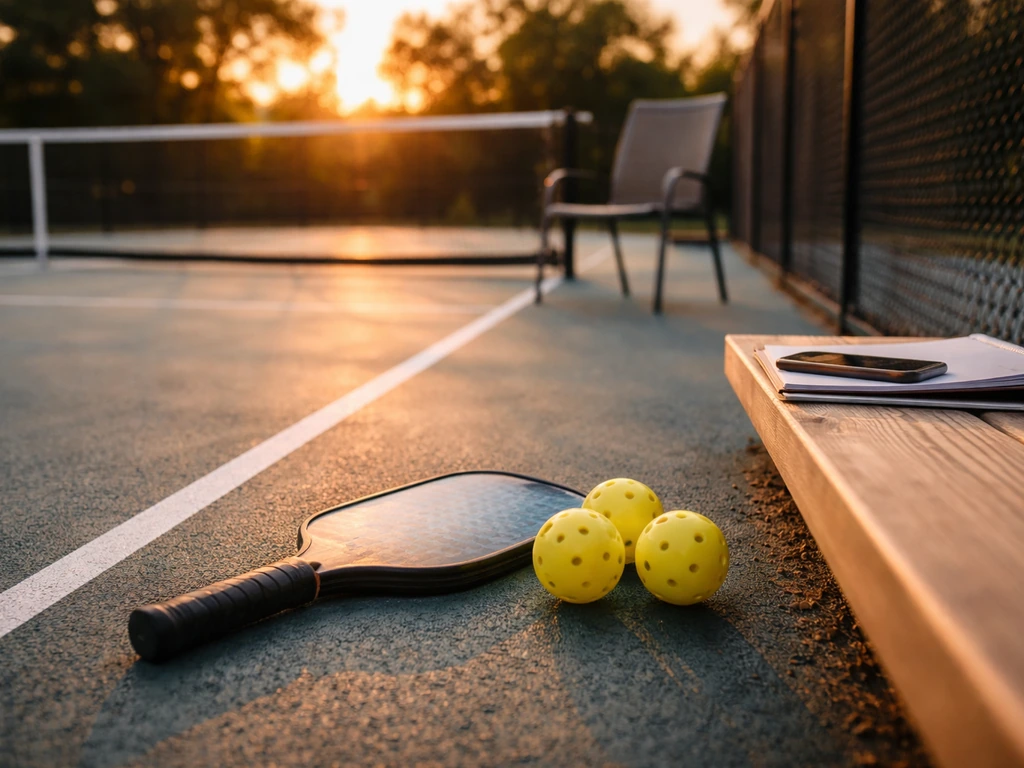 Outdoor pickleball court scene with a racket and ball, symbolizing AJ Koller net worth analysis