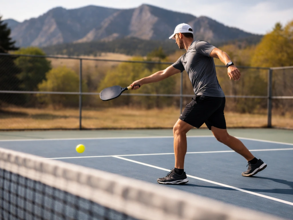 Generic pickleball player mid-swing on an outdoor court with mountains in the background.