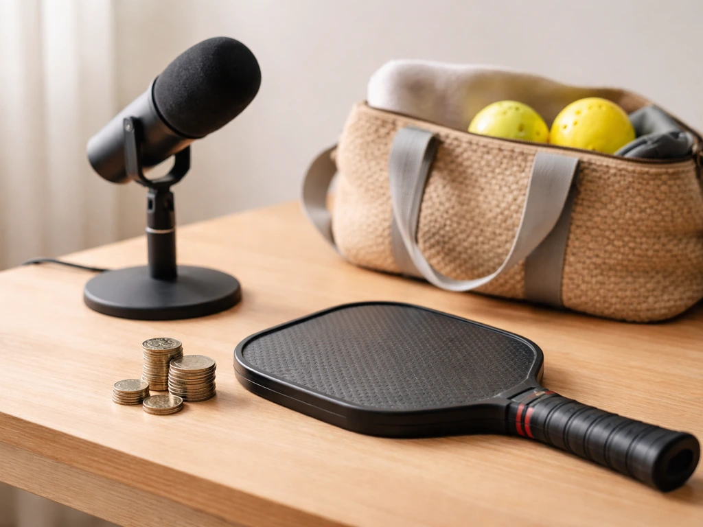 Minimal desk scene with a pickleball paddle, coins, a microphone, and a small bag of balls.