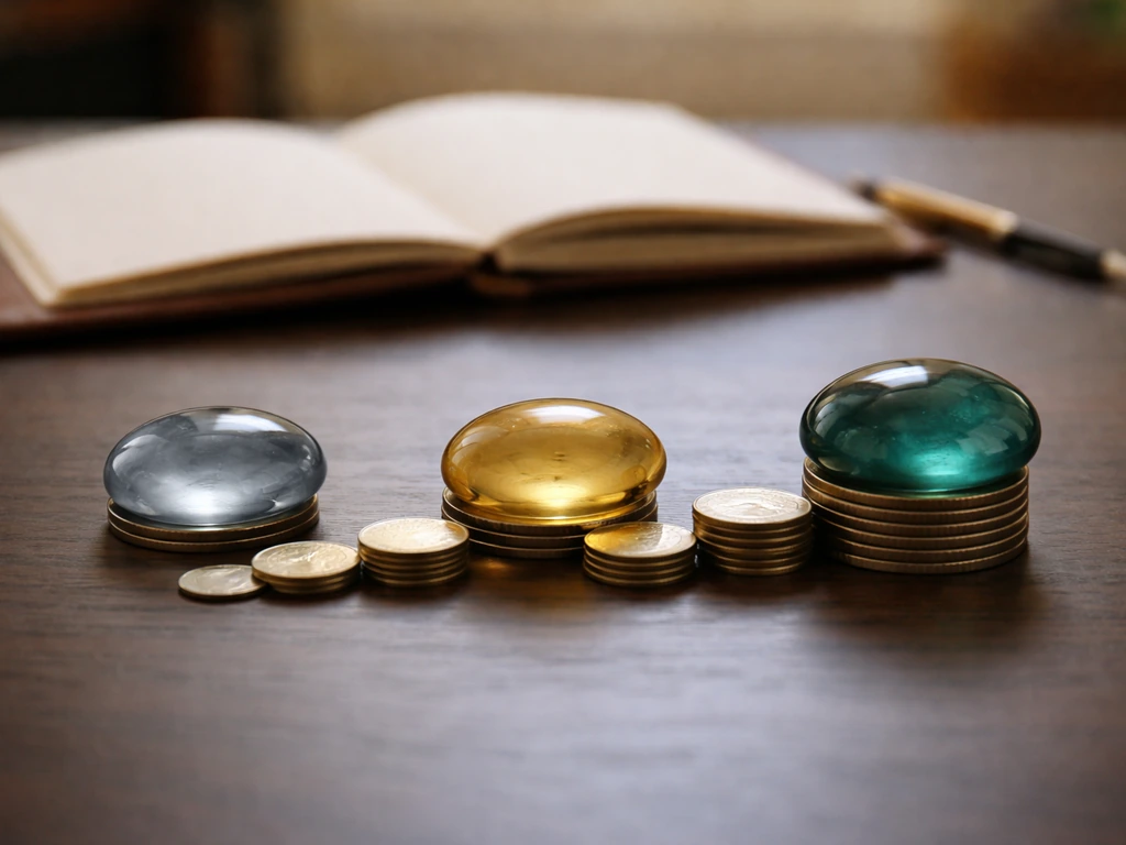 Minimal desk photo showing three color stage markers with coins arranged to suggest wealth growth over time.