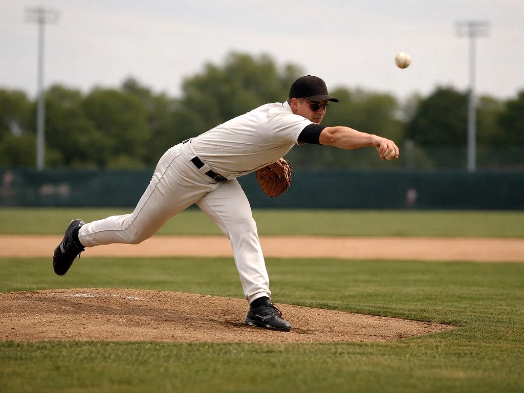 Anonymous baseball pitcher in mid-throw on a sunny stadium field, archival-style action shot.