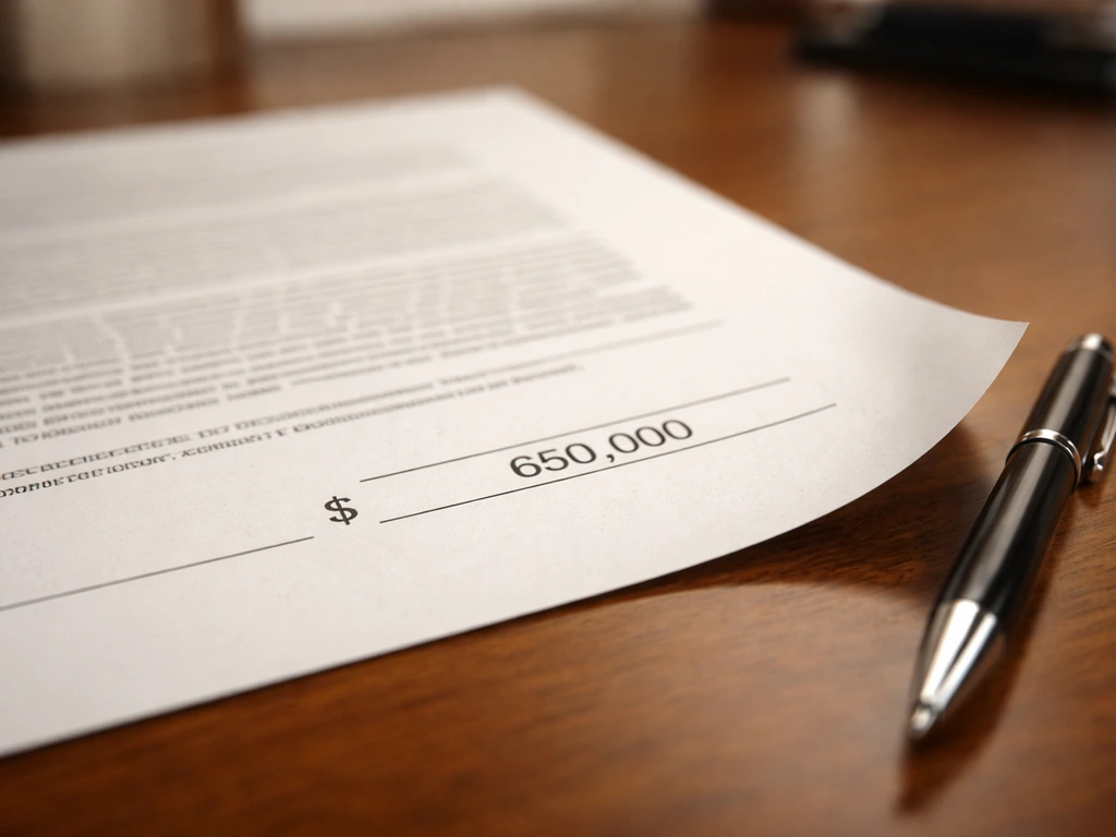 Close-up of an unsigned typed contract page with highlighted $650,000-style figure area on a desk