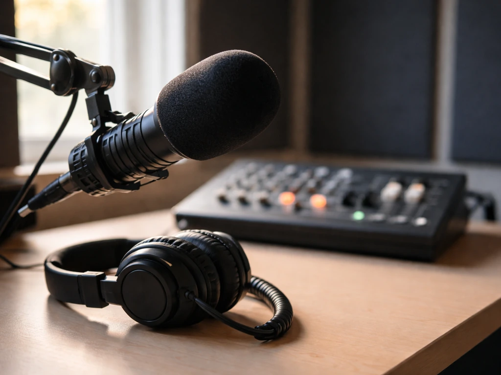 Empty MLB-style radio studio desk with microphone and headphones in natural light