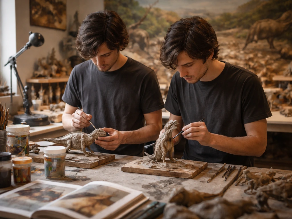 Two anonymous twin artists working on dinosaur models in a paleoart studio in Arnhem, Netherlands.