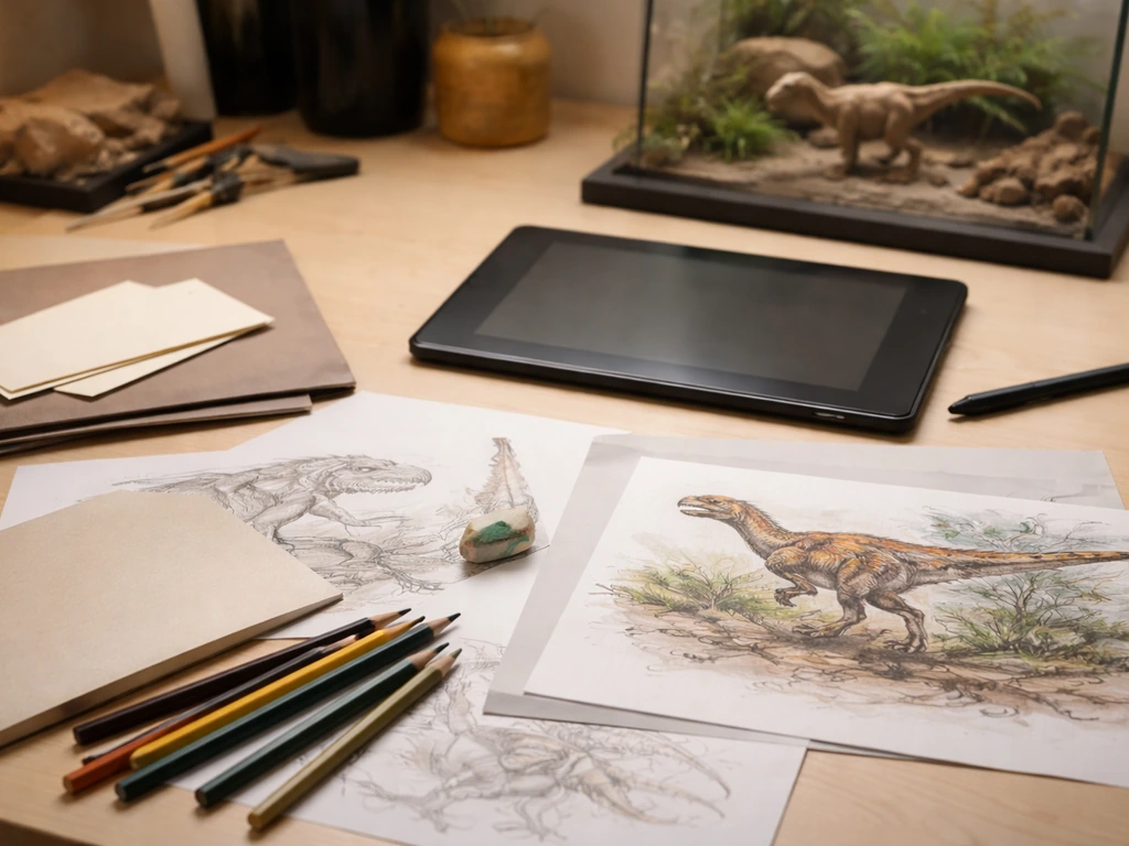 Close-up of an anonymous paleoart commission desk with sketches, tablet, and a blurred museum exhibit maquette.
