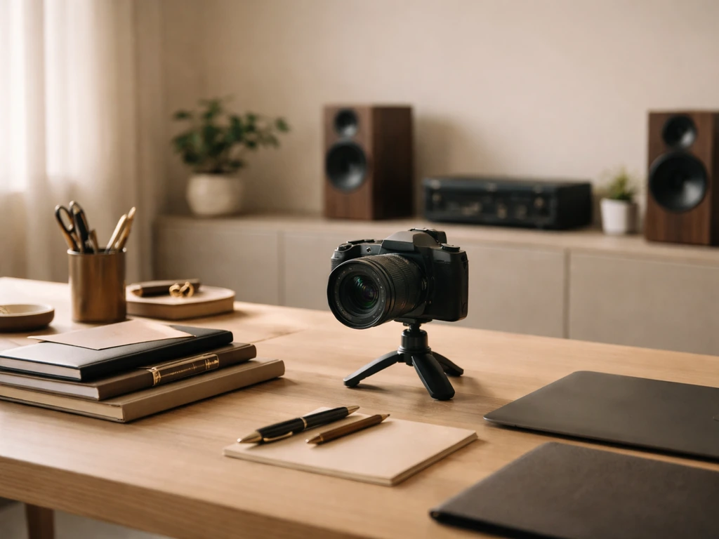 Minimal luxury studio workspace with premium tools and media equipment, signaling professional success.