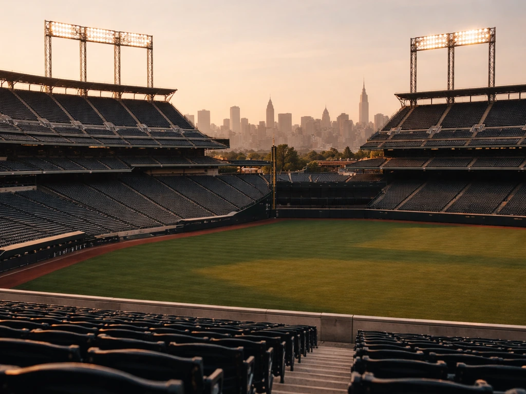 Empty baseball ballpark at golden hour with city skyline beyond, evoking Mets ownership context.