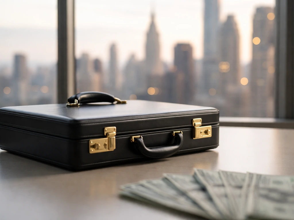 Minimal office scene with scattered cash and a blurred city skyline, symbolizing a multi-hundred-million net worth estim