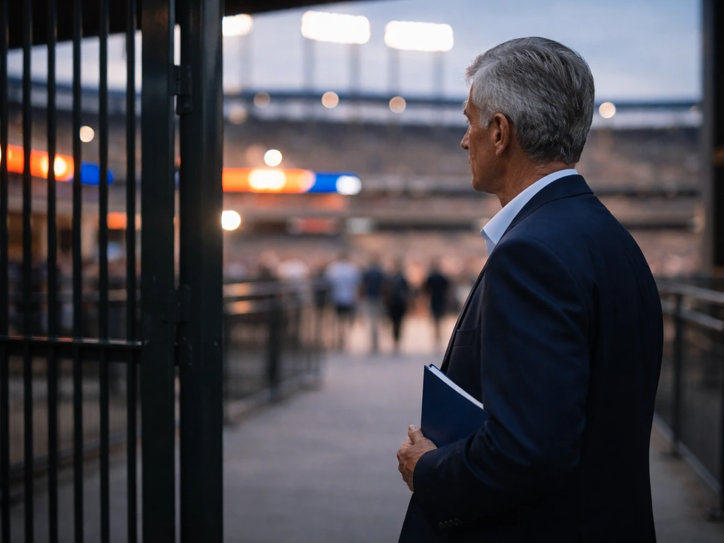 Anonymous older man in a suit near a stadium entrance at dusk with out-of-focus lights