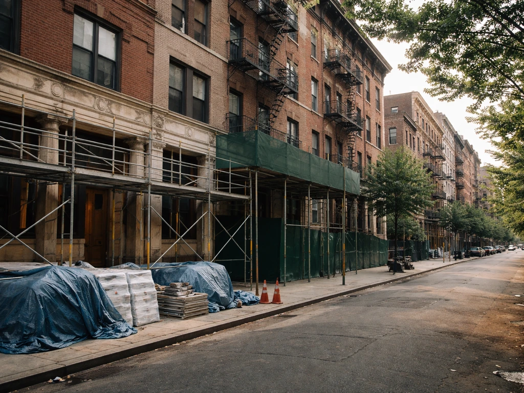 New York–style residential buildings with subtle renovation scaffolding, suggesting long-term real estate investment.