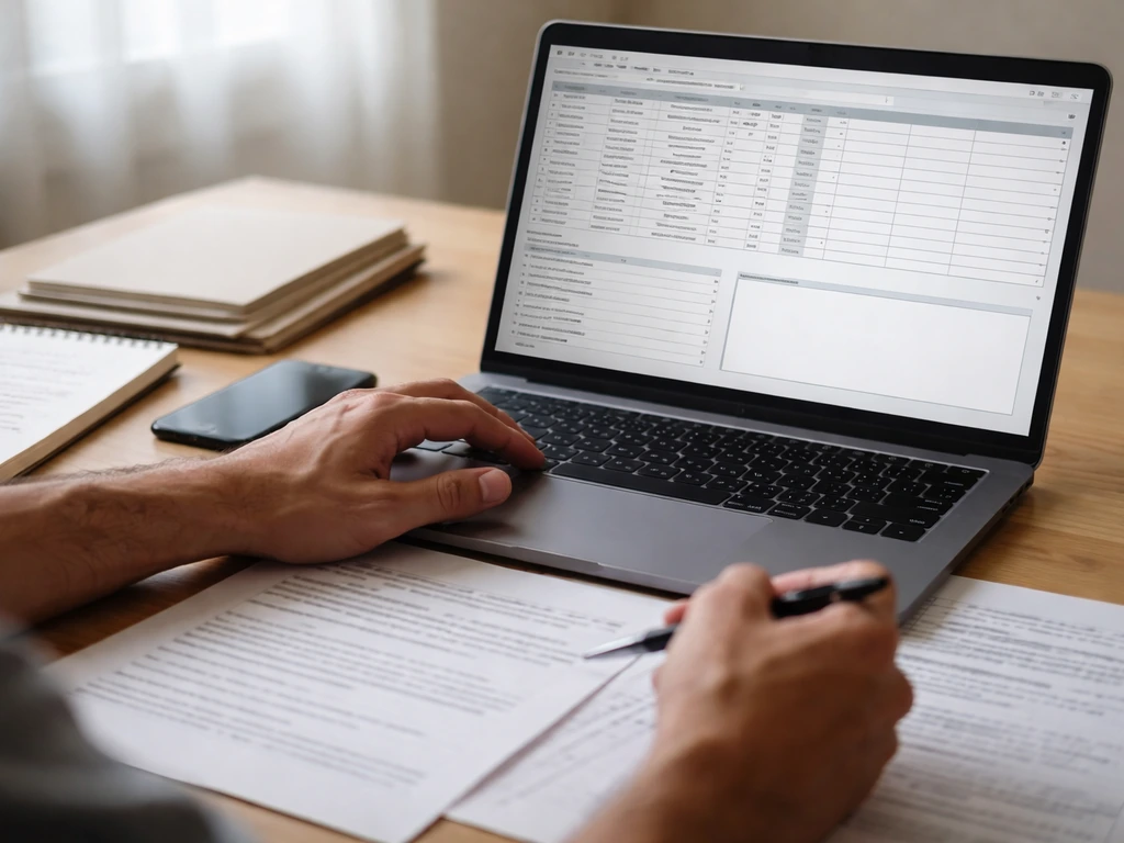 Person researching net worth sources on a laptop with spreadsheet tabs and paperwork, credible finance analysis vibe.