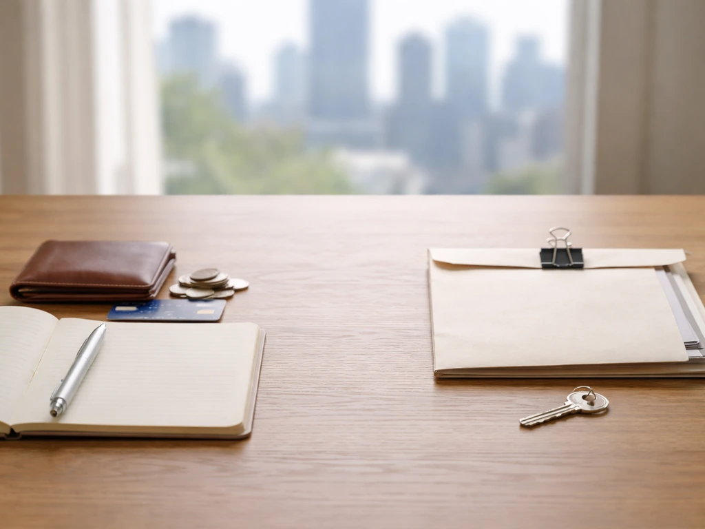 Minimal photo of a simple assets-minus-liabilities concept using a desk scene with cash and a closed folder