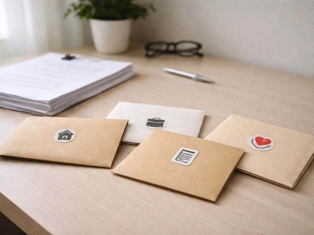 Minimal office desk with papers and envelopes labeled only by icons for debts and a separate donated-asset exclusion sym