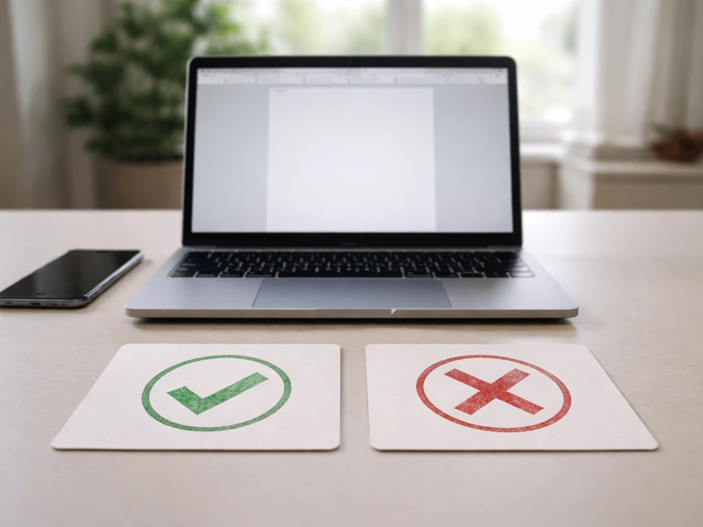 Desk with an open laptop and two side-by-side source cards marked green and red to suggest verified vs unverified.