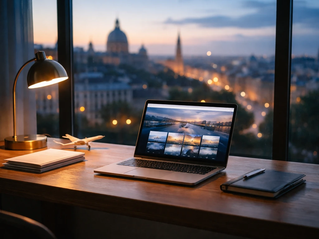 Minimal travel-tech desk scene with laptop glow, airplane model, and city skyline at dusk.