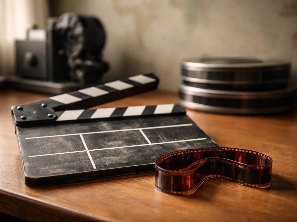 Vintage film slate and 35mm film on a wooden editing desk with out-of-focus projector and reels