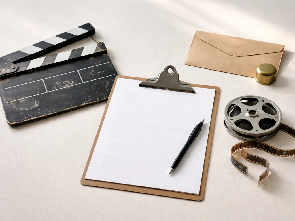 Minimal studio desk scene showing a clapperboard, blank contract paper, and film reel symbolizing income sources.