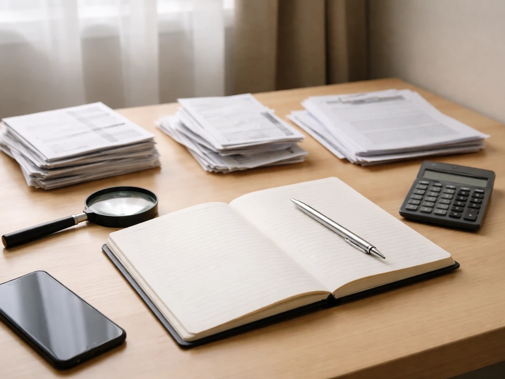 Minimal desk scene with an open notebook, papers, magnifying glass, and calculator for verifying net worth estimates.