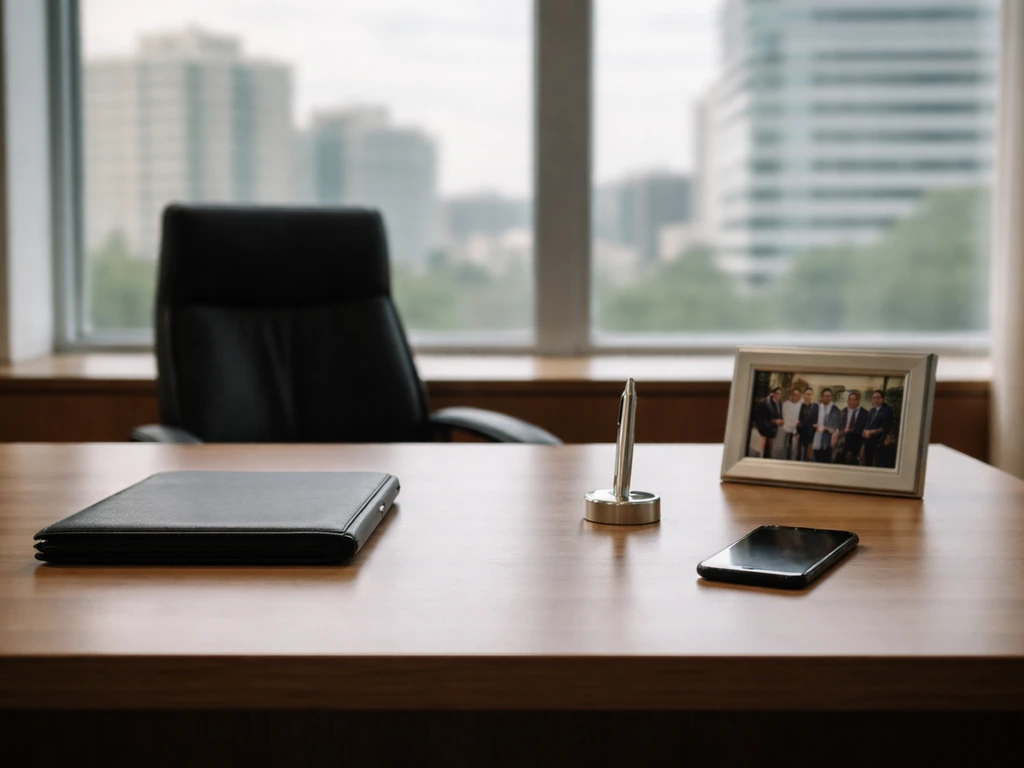 Quiet IKO-style office scene with a suited desk, phone, and softly blurred corporate building outside window