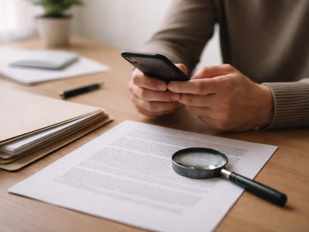 Hands with a smartphone and magnifying glass over printed documents on a simple desk.