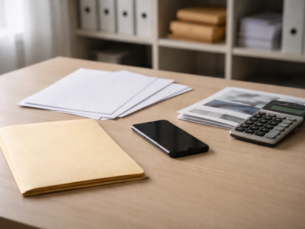 Minimal office desk with blank financial documents, folder, calculator, and a phone suggesting record-based net worth da