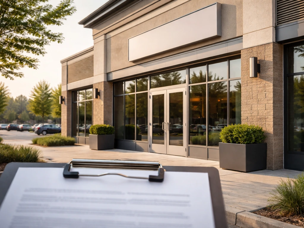 A quiet commercial storefront with a generic tenant signage vibe and a blurred lease document near the entrance.
