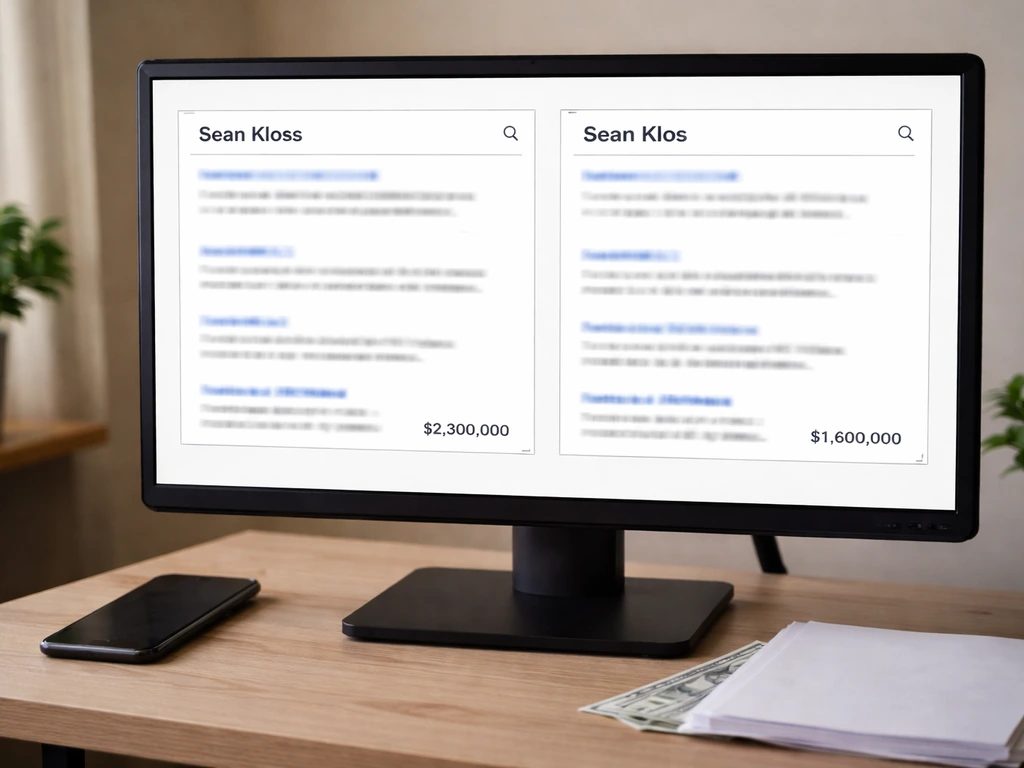 Home office desk with monitor showing spelling variants in search-style results related to net-worth estimates.