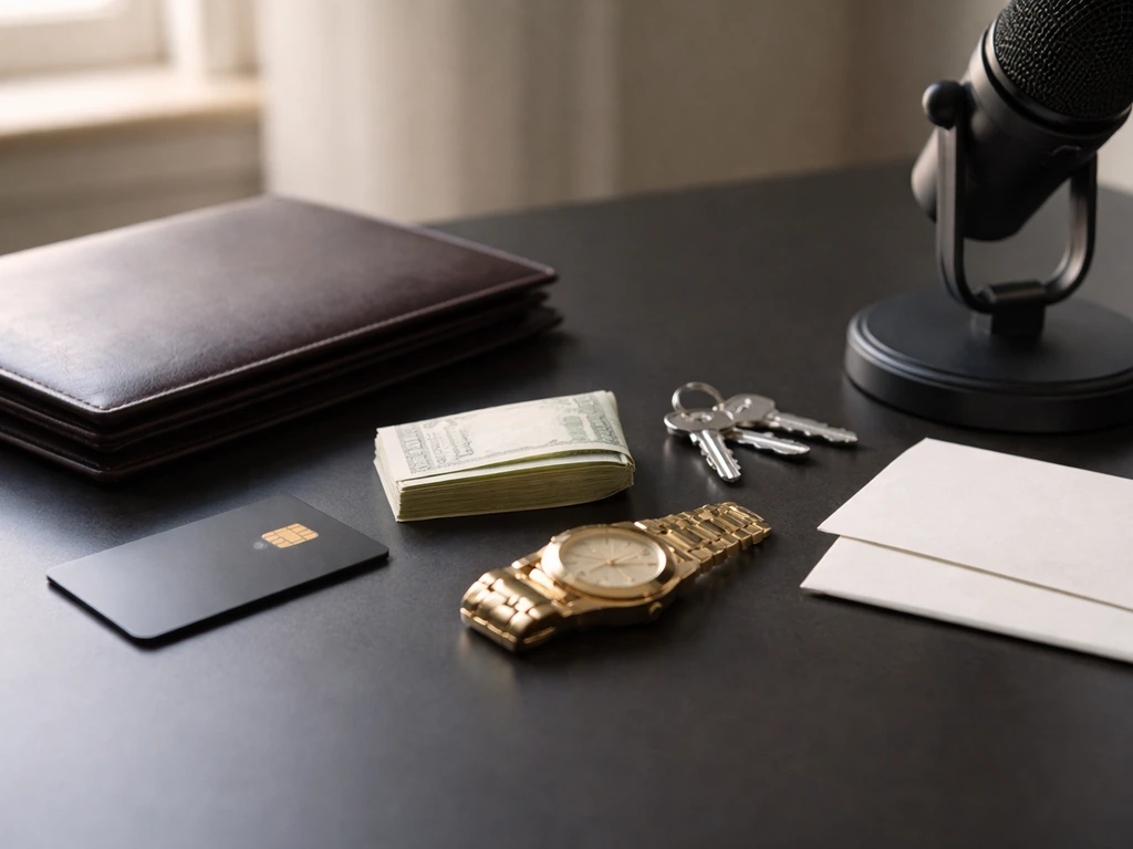 Minimal desk still life with keys, watch, microphone, and wallet items symbolizing income and wealth drivers.