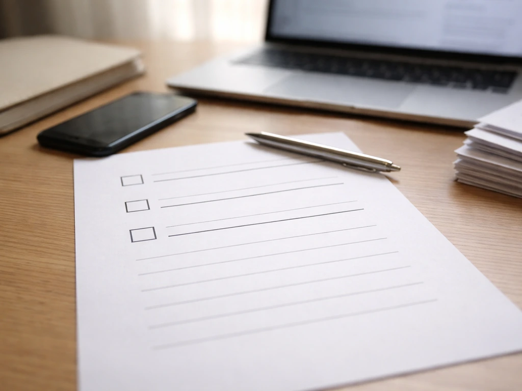 Close-up of a handwritten verification checklist beside a laptop and phone during online research.