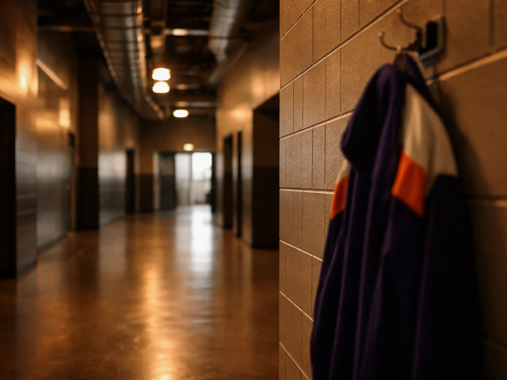 Minimal Phoenix sports executive scene with a WNBA-style arena hallway and soft sunlight.