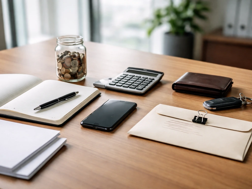 Minimal photo of an anonymous executive desk scene with papers and a calculator, symbolizing assets minus liabilities.