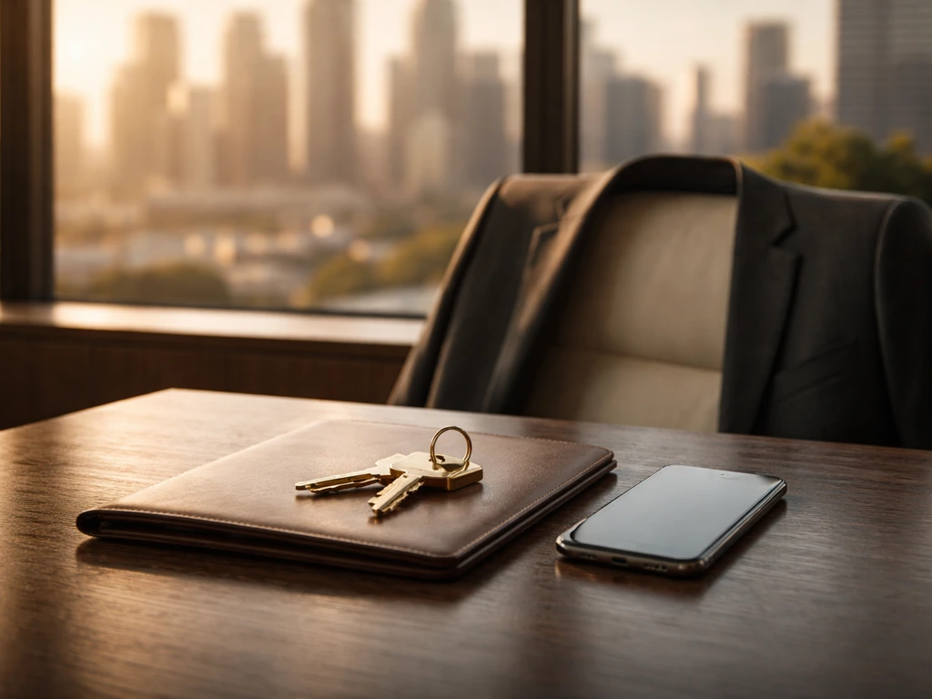 Luxury real-estate office desk with a branded-free blazer, keys, and city skyline view symbolizing executive wealth.