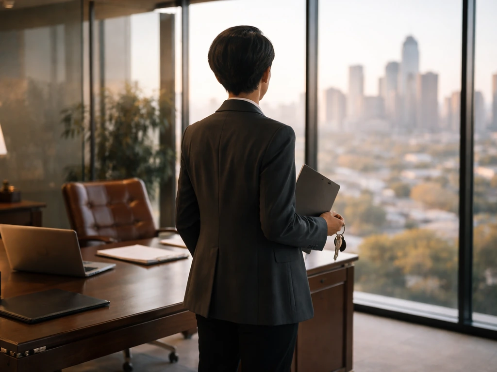 Anonymous real-estate executive in a luxury office holding keys with a city view behind glass.