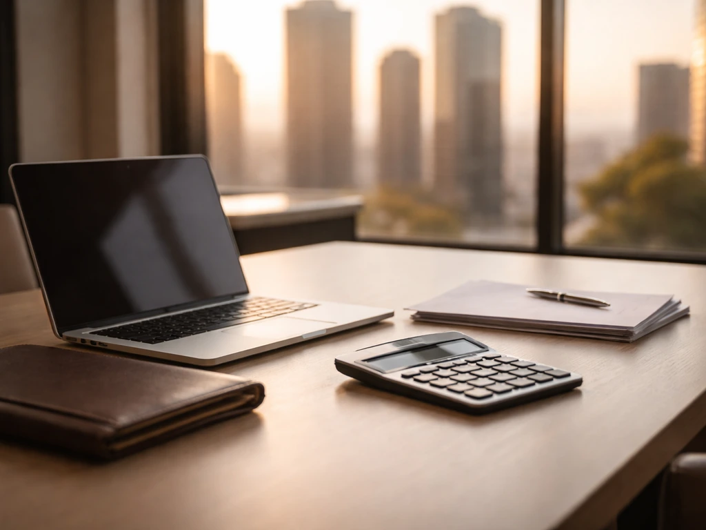 Quiet luxury office desk with a laptop and a few business documents, symbolizing estimated executive net worth