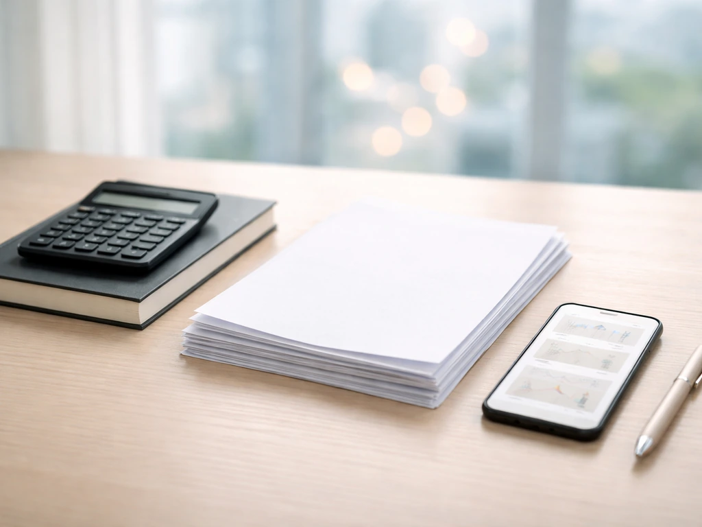 Minimal office desk with calculator, blank documents, and a phone symbolizing market-cap valuation analysis.