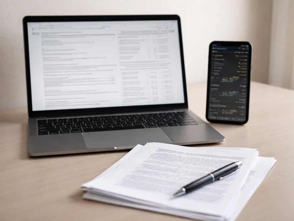 Minimal desk scene with laptop and phone showing generic SEC filing and market data for cross-checking estimates.