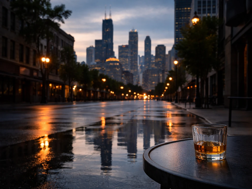 Chicago skyline at dusk with a single amber spirits glass on a quiet street café table.