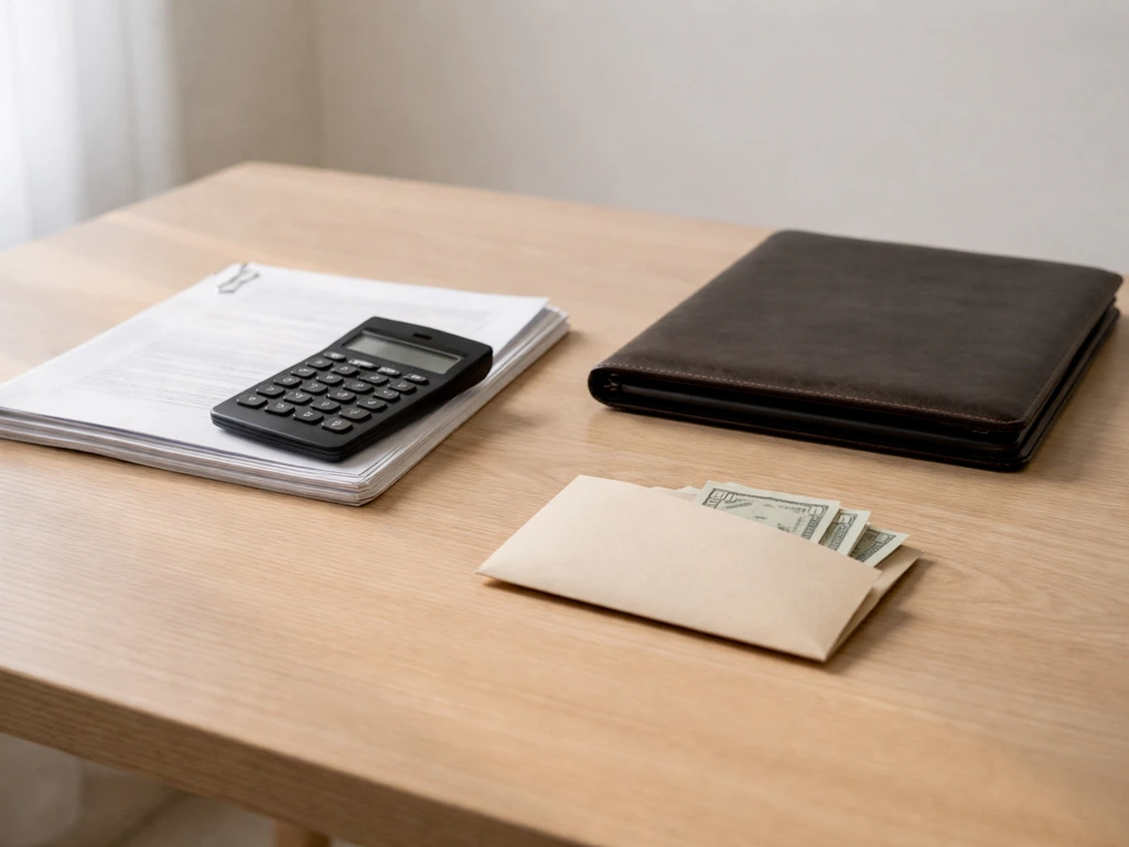 Minimal photo of a calculator beside neatly organized documents and a small money envelope on a desk.