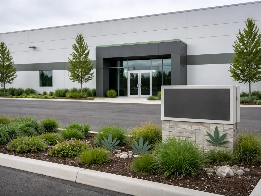 Exterior of a modern cannabis company facility with green landscaping, centered and minimal.