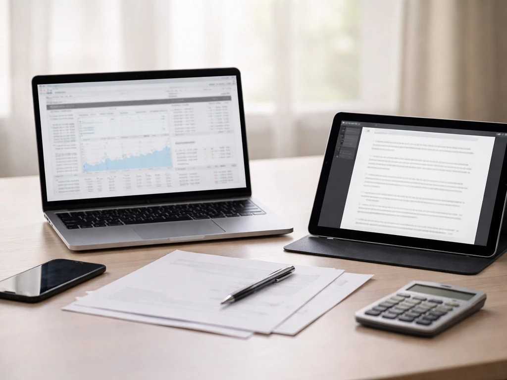 Minimal desk scene with laptop and tablet showing generic finance and document interfaces for verification.