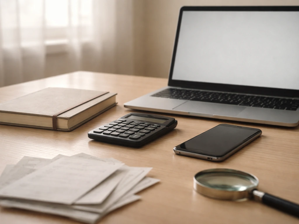 Close-up of a financial notebook and calculator beside a laptop, suggesting net worth estimate verification