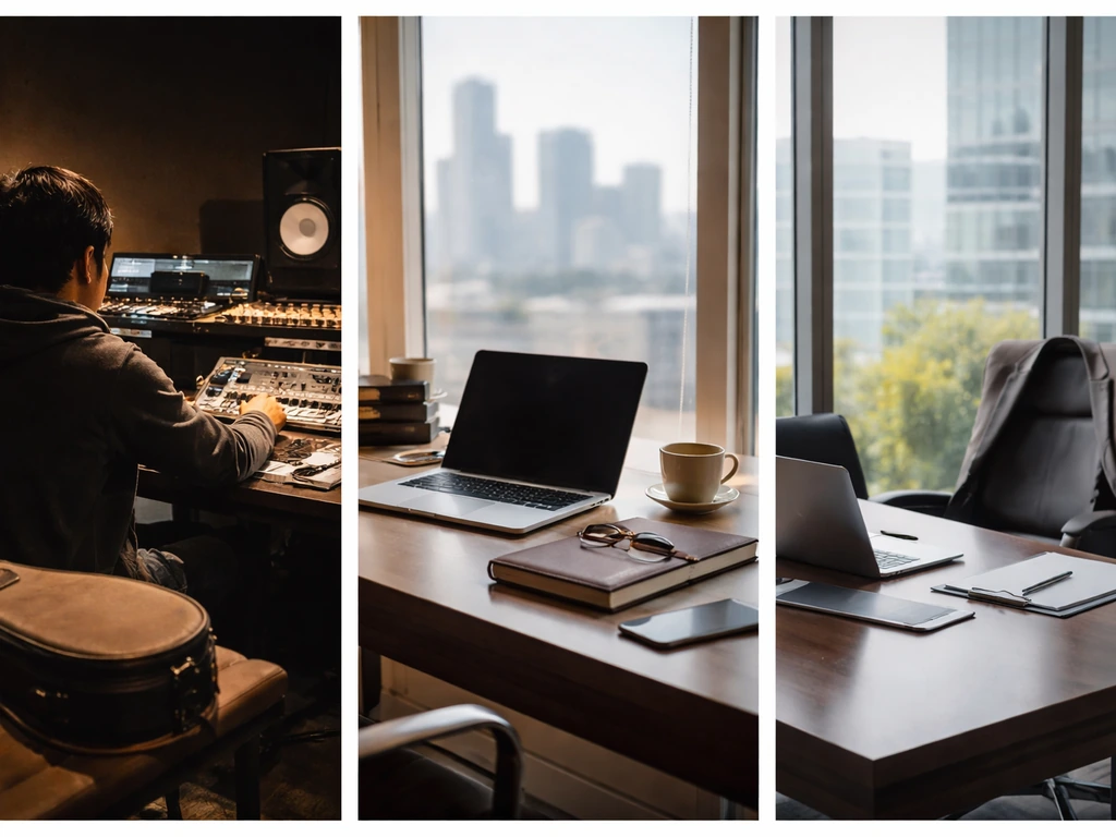 Three side-by-side scenes: recording studio, finance desk by window, and executive office environment.