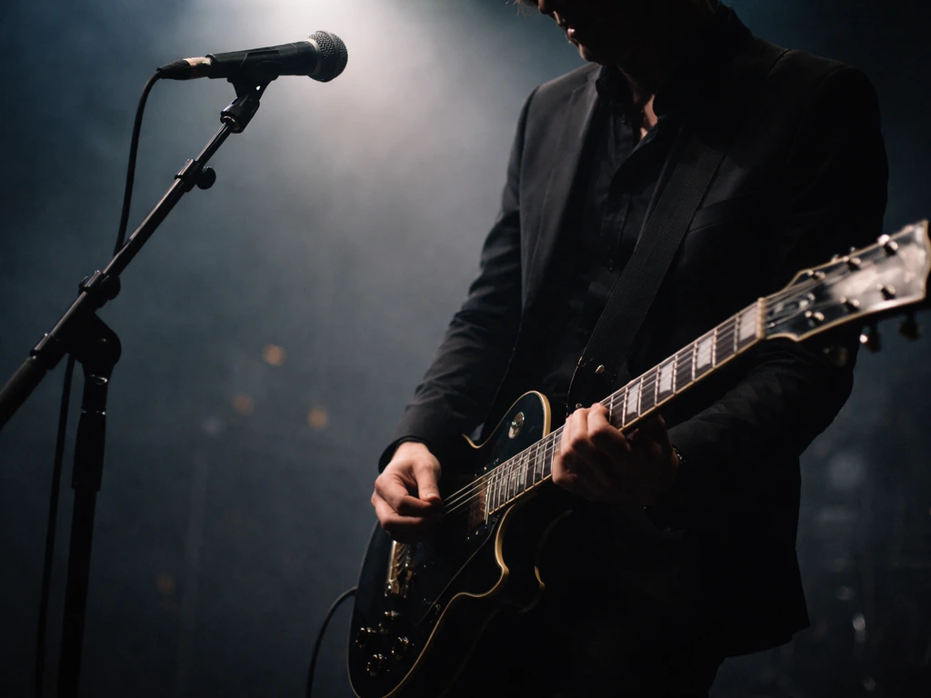 Anonymous guitarist-like figure performing with a microphone and guitar in a dim live music venue