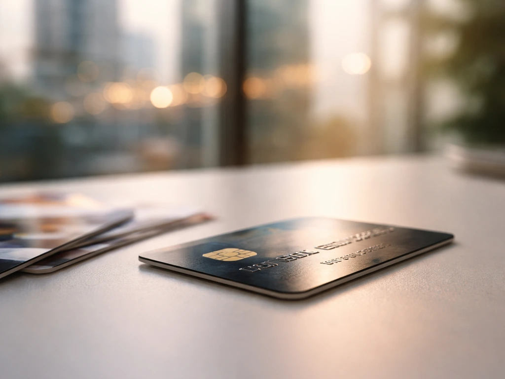 Close-up credit card on a desk with blurred glossy mailers, suggesting credit-card finance.