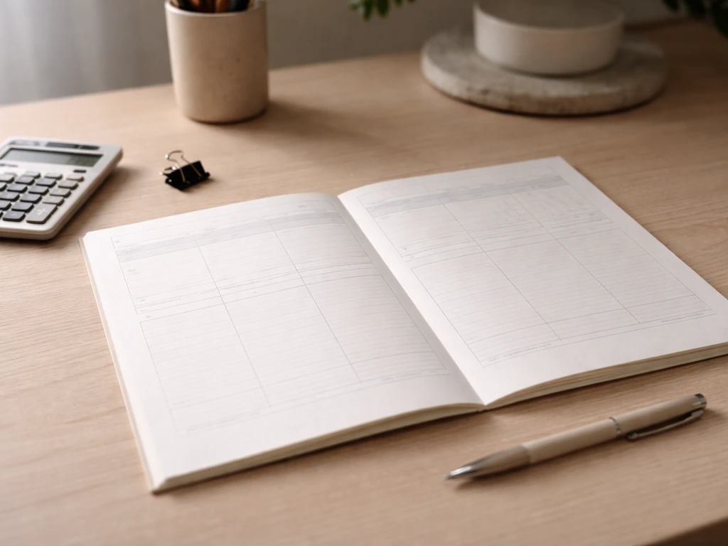 Minimal desk scene with open checklist-style papers showing assets, liabilities, and foundation categories