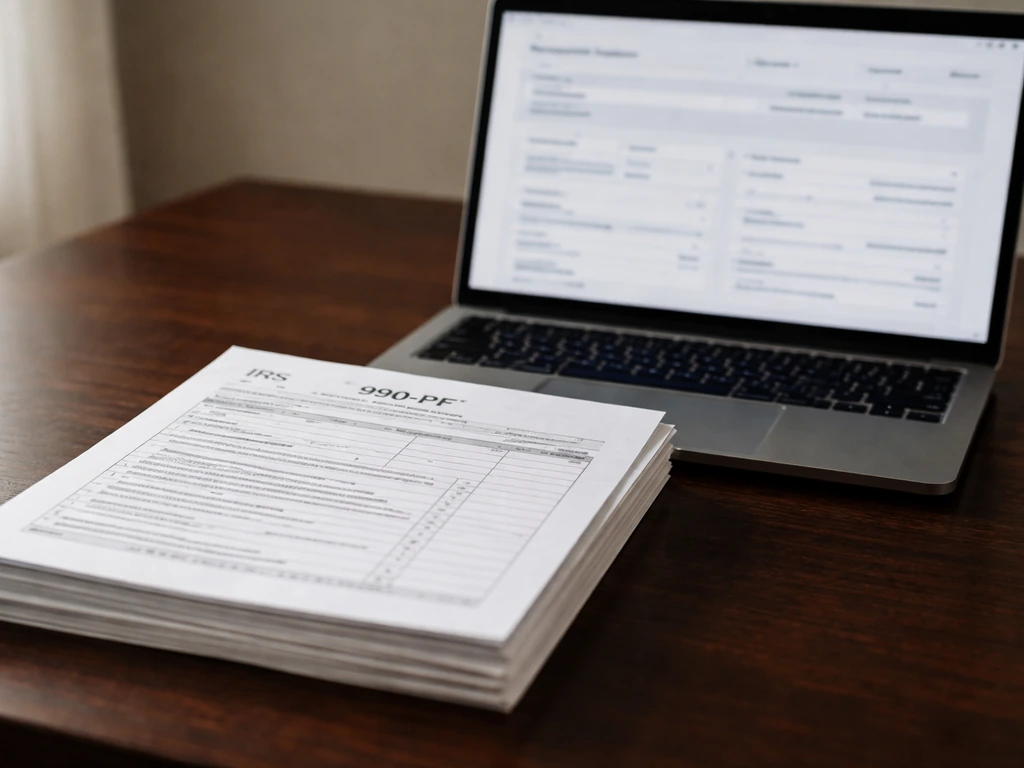 Close-up of IRS Form 990-PF paperwork and a laptop showing a nonprofit financial summary context, no readable text.