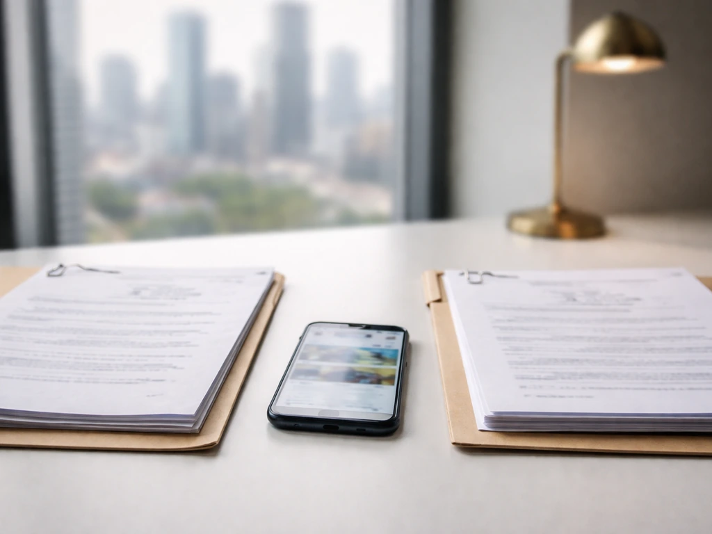 Two open paper stacks on a desk beside a blurred phone, suggesting differing financial estimate dates and methods.