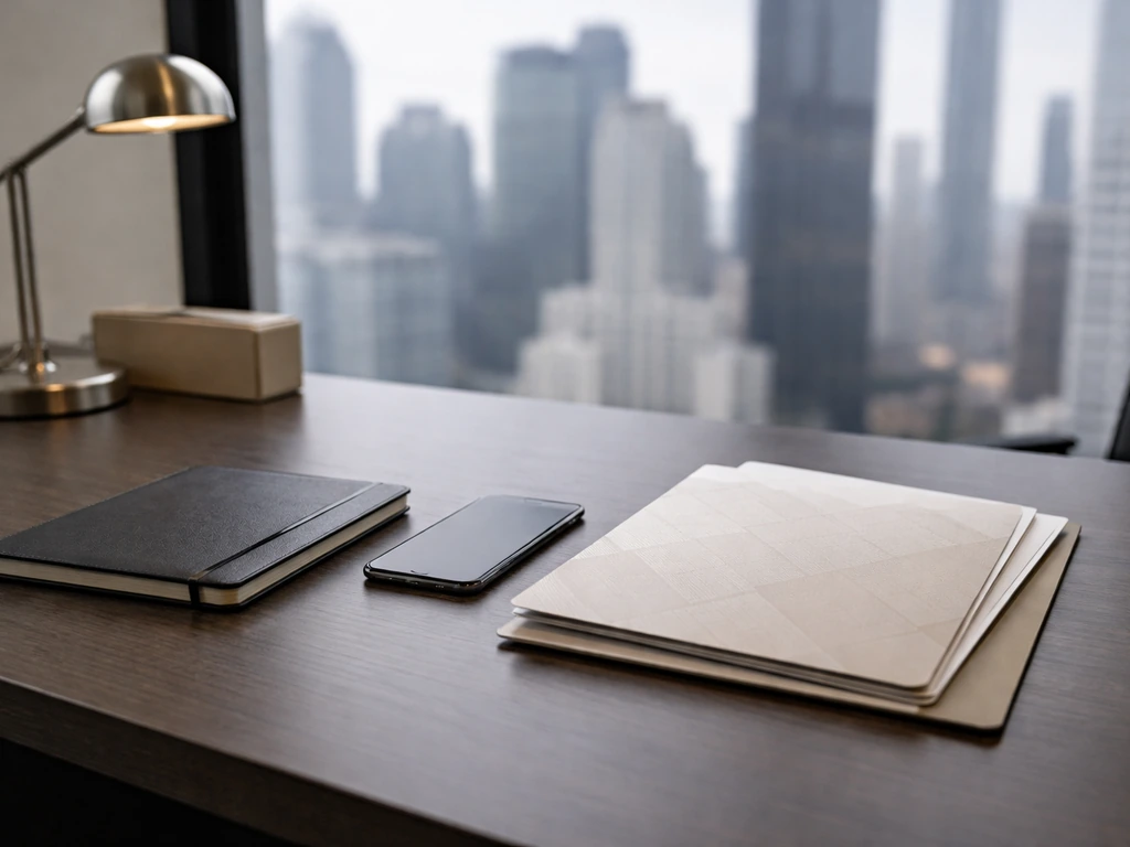 Minimal office scene with a Politan-style finance desk setup and a blurred city view for hedge fund context.