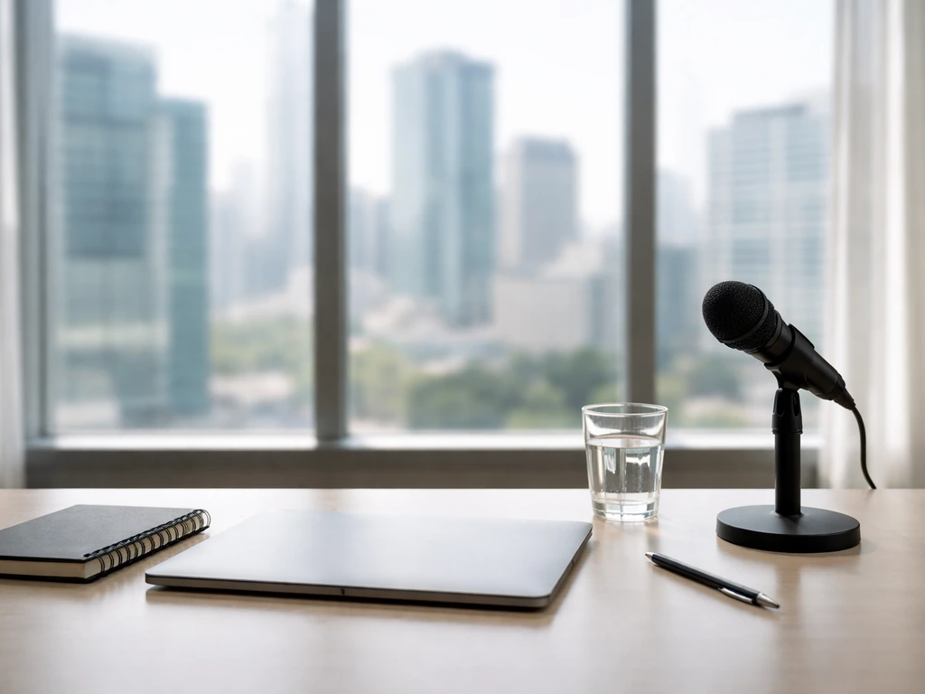 Minimal desk setup with laptop and microphone, city skyline out a window.