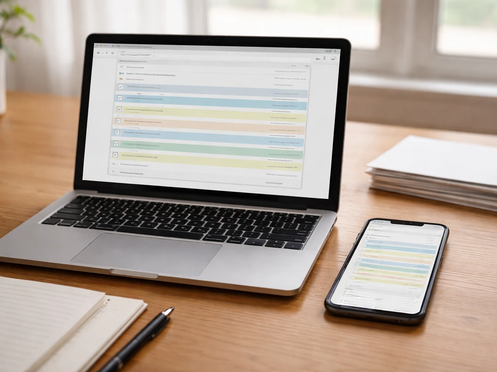 Close-up of a laptop and phone on a desk showing a mock EDGAR-style filing search interface